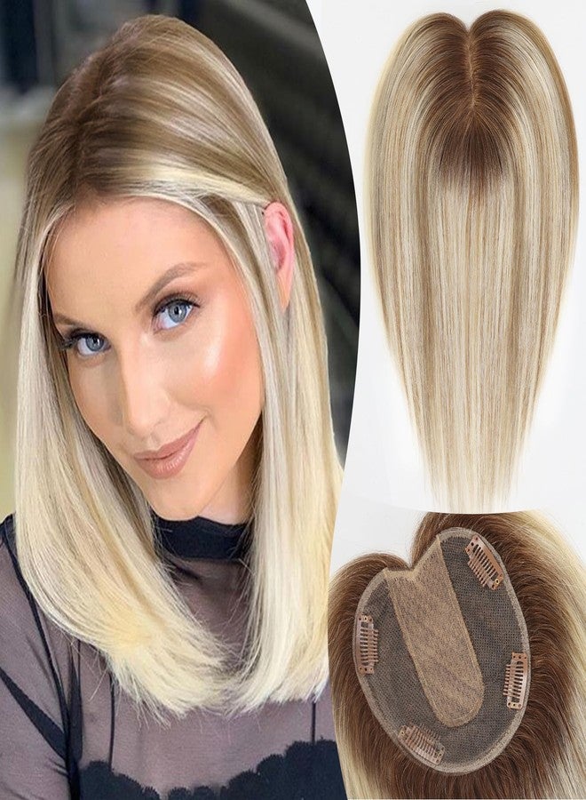 EMMOR Real Hair Toppers for Women Human Hair Toppers for Thin Hair 5"×5.5" Hand-woven Skin Scalp Silk Base Cover 14inch Top Hairpieces Wiglets for Women(Ombre Mixed Blonde) - Image 1